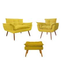 Combo Namoradeira Sofá 02 lugares mais 01 Poltrona decorativa e um Puff Opalla Pés Palito Amarelo - DS Estofados