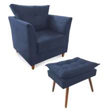 Combo Poltrona Decorativa Isis Mais Puff Opalla Suede Azul Marinho - DS Estofados