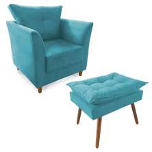 Combo Poltrona Decorativa Isis Mais Puff Opalla Suede Azul Turquesa - DS Estofados