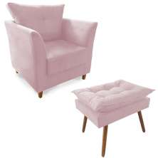 Combo Poltrona Decorativa Isis Mais Puff Opalla Suede Rosa - DS Estofados