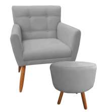 Combo Poltrona Decorativa Onix Mais Puff Redondo Suede Cinza - DS Estofados