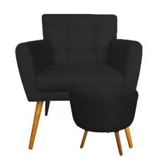 Combo Poltrona Decorativa Onix Mais Puff Redondo Suede Preto - DS Estofados