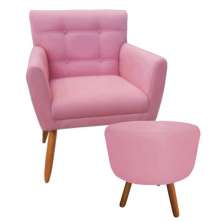 Combo Poltrona Decorativa Onix Mais Puff Redondo Suede Rosa - DS Estofados