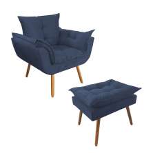 Combo Poltrona Decorativa Opalla Mais Puff Pés Palito Suede Azul Marinho - DS Estofados