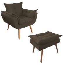 Combo Poltrona Decorativa Opalla Mais Puff Pés Palito Suede Marrom - DS Estofados