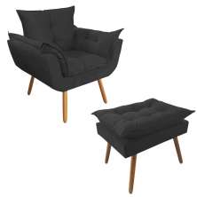 Combo Poltrona Decorativa Opalla Mais Puff Pés Palito Suede Preto - DS Estofados