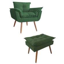 Combo Poltrona Decorativa Opalla Mais Puff Pés Palito Suede Verde - DS Estofados