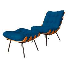 Combo Poltrona Decorativa mais Puff Costela Suede Azul Royal