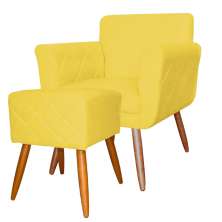 Combo Poltrona mais Puff Isabela em Tressê Pés Palito Suede Amarelo