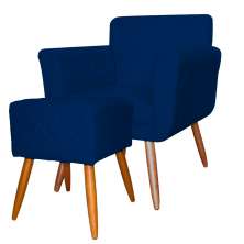 Combo Poltrona mais Puff Isabela em Tressê Pés Palito Suede Azul Marinho
