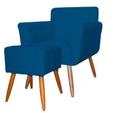 Combo Poltrona mais Puff Isabela em Tressê Pés Palito Suede Azul Royal