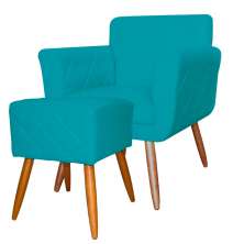 Combo Poltrona mais Puff Isabela em Tressê Pés Palito Suede Azul Turquesa