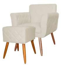 Combo Poltrona mais Puff Isabela em Tressê Pés Palito Suede Bege