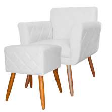 Combo Poltrona mais Puff Isabela em Tressê Pés Palito Suede Branco