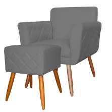 Combo Poltrona mais Puff Isabela em Tressê Pés Palito Suede Cinza