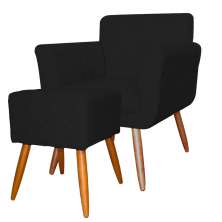Combo Poltrona mais Puff Isabela em Tressê Pés Palito Suede Preto