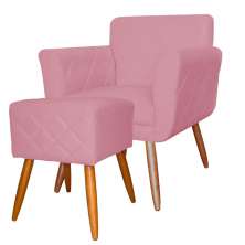 Combo Poltrona mais Puff Isabela em Tressê Pés Palito Suede Rosa