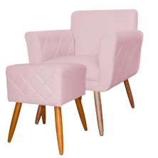 Combo Poltrona mais Puff Isabela em Tressê Pés Palito Suede Rosa Bebê