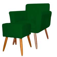 Combo Poltrona mais Puff Isabela em Tressê Pés Palito Suede Verde