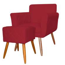 Combo Poltrona mais Puff Isabela em Tressê Pés Palito Suede Vermelho