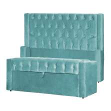 Conjunto Cabeceira e Calçadeira Baú Casal Emma Veludo Azul Turquesa