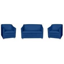 Kit 01 Namoradeira mais 02 Poltrona Decorativa Tilla Pés Cromados Suede Azul Marinho - DS Estofados