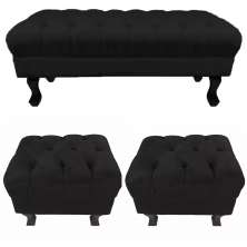 Kit 01 Puff Calçadeira Retrô 1,00 Metro Luis Xv Mais 02 Puffs 50X40 cm Capitonê Suede Preto - DS Estofados