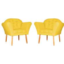 Kit 02 Poltronas Decorativa Amélia Pés Palito Suede Amarelo