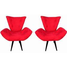 Kit 02 Poltronas Decorativa Emília Pés Tabaco Suede Vermelho - DS Móveis