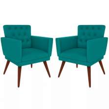 Kit 02 Poltronas Decorativa Pés Palito Nina Encosto Estilo Capitonê Azul - DS Móveis