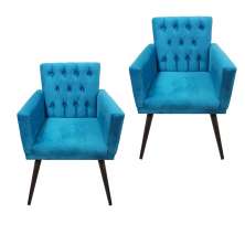 Kit 02 Poltronas Decorativa Pés Palito Nina Encosto Estilo Capitonê Azul Veludo - DS Móveis