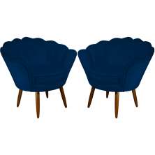 Kit 02 Poltronas Decorativa Pétala Pés Palito Suede Azul Marinho