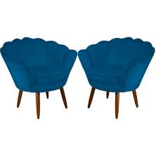 Kit 02 Poltronas Decorativa Pétala Pés Palito Suede Azul Royal