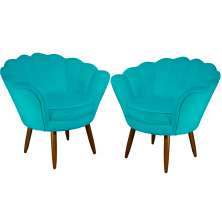 Kit 02 Poltronas Decorativa Pétala Pés Palito Suede Azul Turquesa