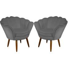 Kit 02 Poltronas Decorativa Pétala Pés Palito Suede Cinza