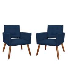 Kit 02 Poltronas Decorativas Camila Pés Palito Suede Azul Marinho - DS Estofados