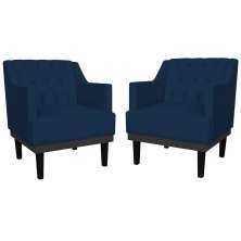 Kit 02 Poltronas Decorativas Clássica Com Base Madeira Suede Azul Marinho - DS Estofados