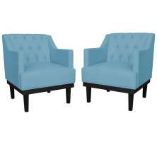 Kit 02 Poltronas Decorativas Clássica Com Base Madeira Suede Azul Turquesa - DS Estofados