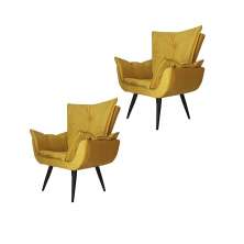 Kit 02 Poltronas Decorativas Emília Aba Pés Palito Suede Amarelo - DS Móveis