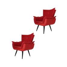 Kit 02 Poltronas Decorativas Emília Aba Pés Palito Suede Vermelho - DS Móveis