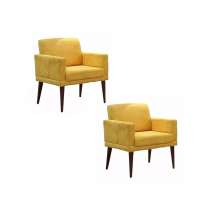 Kit 02 Poltronas Decorativas Emília Pés Palito Suede Amarelo - DS Móveis