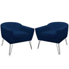 Kit 02 Poltronas Decorativas Jolly Pés Aramado Suede Azul Marinho - DS Estofados