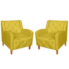 Kit 02 Poltronas Decorativas Munique Pés Trapézio Suede Amarelo - DS Estofados
