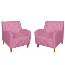 Kit 02 Poltronas Decorativas Munique Pés Trapézio Suede Rosa - DS Estofados