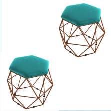 Kit 02 Puffs Aramado Bronze Assento Hexagonal Suede Azul Tiffany - DS Estofados