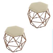 Kit 02 Puffs Aramado Bronze Assento Hexagonal Suede Bege - DS Estofados