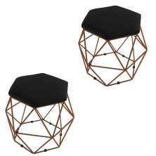 Kit 02 Puffs Aramado Bronze Assento Hexagonal Suede Preto - DS Estofados