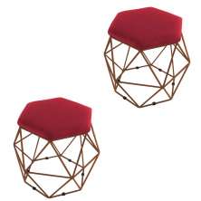 Kit 02 Puffs Aramado Bronze Assento Hexagonal Suede Vermelho - DS Estofados
