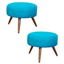 Kit 02 Puffs Banqueta Redondo Classic Suede Azul Turquesa