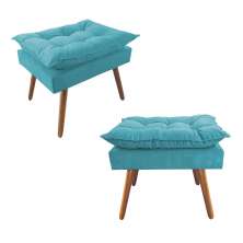 Kit 02 Puffs Decorativos Opalla Pés Palito Suede Azul Turquesa - DS Estofados